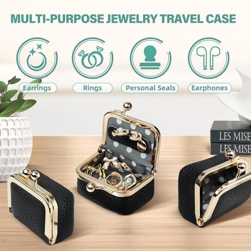 2 PCS Genuine Leather Mini Jewelry Box - Small Jewelry Travel Case Vintage-Inspired Coin Purse Travel Jewelry Organizer with Kiss Lock, Travel Ring Box for Earring/Ring/Necklace/Bracelet, Black in Saudi Arabia