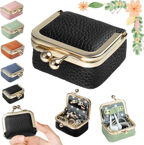 2 PCS Genuine Leather Mini Jewelry Box - Small Jewelry Travel Case Vintage-Inspired Coin Purse Travel Jewelry Organizer with Kiss Lock, Travel Ring Box for Earring/Ring/Necklace/Bracelet, Black in Saudi Arabia