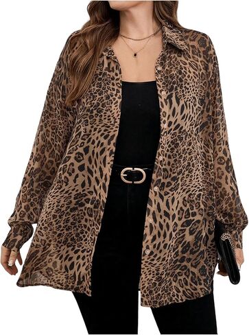 WDIRARA Women's Plus Size Leopard Print Sheer Blouse Button Front Long Sleeve Shirt in Saudi Arabia