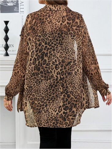WDIRARA Women's Plus Size Leopard Print Sheer Blouse Button Front Long Sleeve Shirt in Saudi Arabia