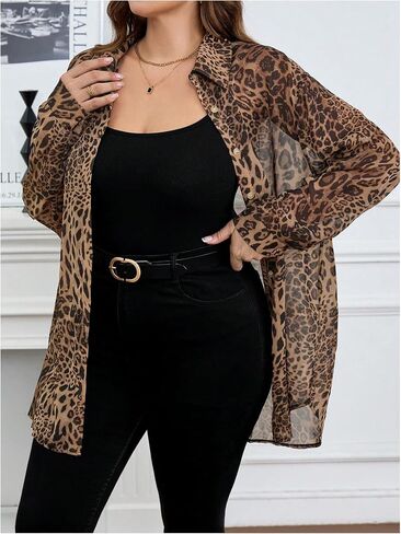 WDIRARA Women's Plus Size Leopard Print Sheer Blouse Button Front Long Sleeve Shirt in Saudi Arabia