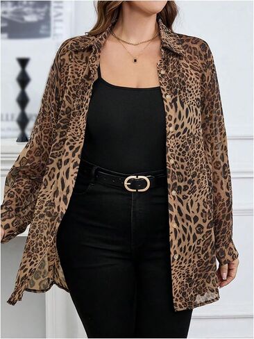 WDIRARA Women's Plus Size Leopard Print Sheer Blouse Button Front Long Sleeve Shirt in Saudi Arabia