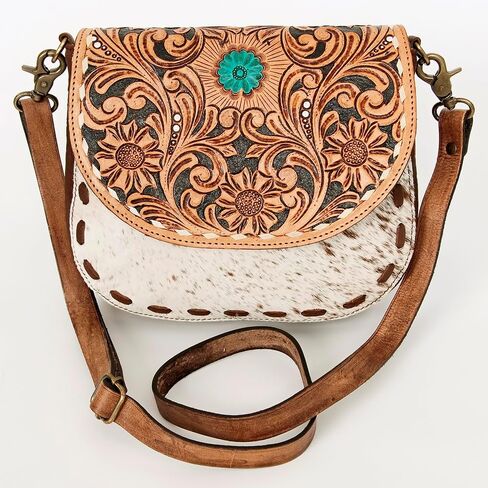 American Darling Messenger Hand Tooled Hair On Genuine Leather Western Women Bag Handbag Purse | Cute in Saudi Arabia