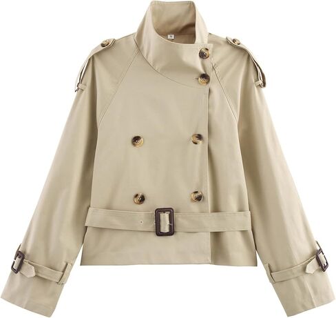 Women Trench Coat Double Breasted Stand Collar Belted Outerwear Fall Casual Fashion Cropped Jacket in Saudi Arabia
