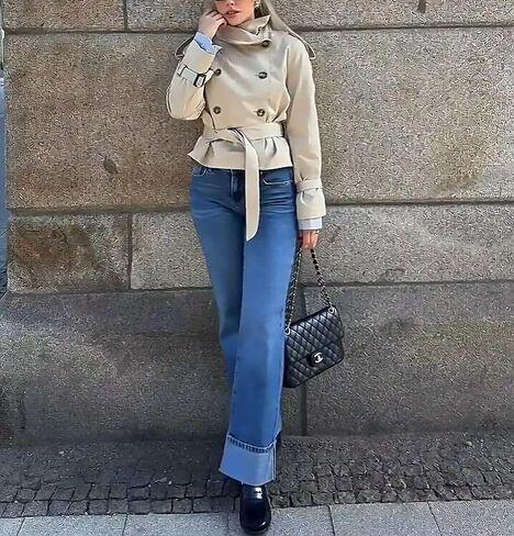 Women Trench Coat Double Breasted Stand Collar Belted Outerwear Fall Casual Fashion Cropped Jacket in Saudi Arabia
