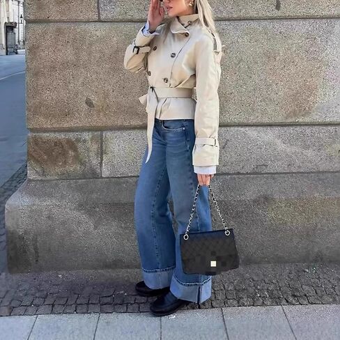 Women Trench Coat Double Breasted Stand Collar Belted Outerwear Fall Casual Fashion Cropped Jacket in Saudi Arabia