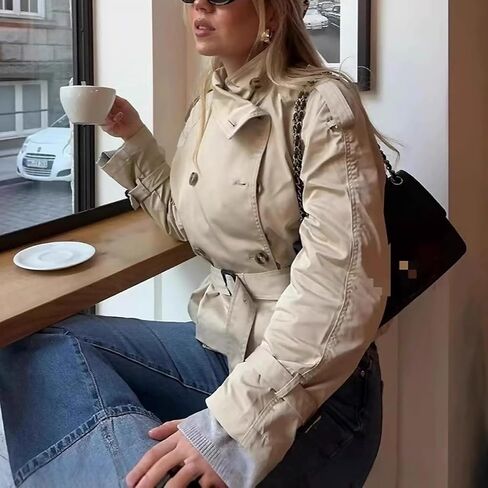 Women Trench Coat Double Breasted Stand Collar Belted Outerwear Fall Casual Fashion Cropped Jacket in Saudi Arabia