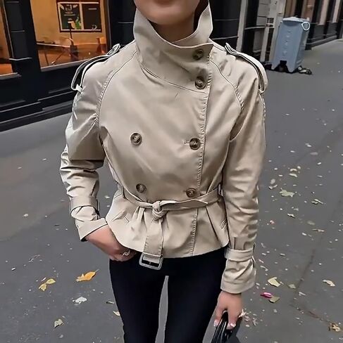 Women Trench Coat Double Breasted Stand Collar Belted Outerwear Fall Casual Fashion Cropped Jacket in Saudi Arabia
