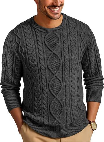 RQP Mens Crewneck Sweater Cable Knit Sweater Classic Fisherman Pullover Sweater in Saudi Arabia