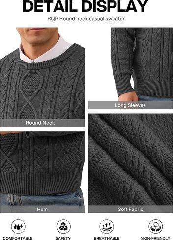 RQP Mens Crewneck Sweater Cable Knit Sweater Classic Fisherman Pullover Sweater in Saudi Arabia
