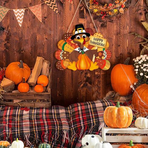 Thanksgiving Decoration Wooden Turkey Pumpkin Door Wreath for Front Door Sign Wall Signs, Thankful Blessed Grateful Pumpkin Sign Hanging for Fall Autumn Harvest Home Halloween Decoration in Saudi Arabia