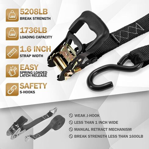 Heavy Duty Ratchet Straps with Hook - 1.6 Inch x 16 FT (5208 LB Break Strength) Tie Down Straps with S Hooks & Soft Loops, for Trucks, Cargo, Moving and Appliances（Black/4 Pack） in Saudi Arabia