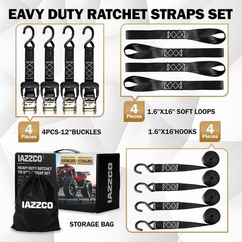 Heavy Duty Ratchet Straps with Hook - 1.6 Inch x 16 FT (5208 LB Break Strength) Tie Down Straps with S Hooks & Soft Loops, for Trucks, Cargo, Moving and Appliances（Black/4 Pack） in Saudi Arabia
