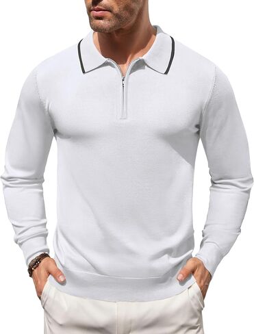 COOFANDY Men's Knit Polo Shirt Long Sleeve Quarter Zip Polo Sweater Casual Golf Shirts Vintage Striped Collar Polo in Saudi Arabia