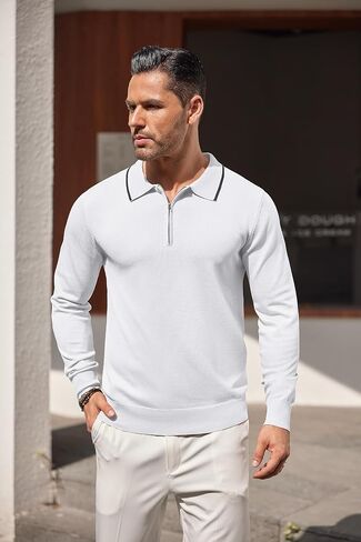 COOFANDY Men's Knit Polo Shirt Long Sleeve Quarter Zip Polo Sweater Casual Golf Shirts Vintage Striped Collar Polo in Saudi Arabia