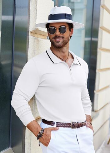 COOFANDY Men's Knit Polo Shirt Long Sleeve Quarter Zip Polo Sweater Casual Golf Shirts Vintage Striped Collar Polo in Saudi Arabia