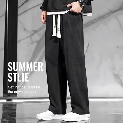 Mens Casual Pants Golf Trousers Men's Athletic Pants Classic-Fit Casual Wide - Leg Striped Trousers with Drawstring WAIS in Saudi Arabia