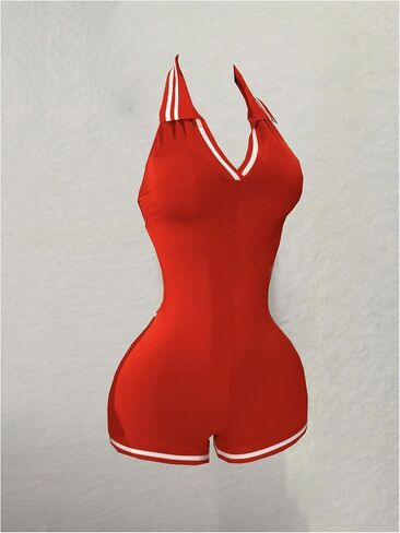 WDIRARA Women's Sexy Deep V Neck Halter Sleeveless Romper Striped Trim Backless Bodysuit Shorts Jumpsuit in Saudi Arabia