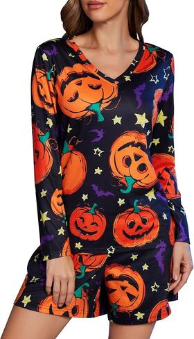 Womens Holiday Pajamas Set- 2 Piece Pjs V Neck Long Sleeve Top with Shorts Sleepwear Lounge Sets in Saudi Arabia