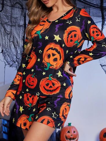 Womens Holiday Pajamas Set- 2 Piece Pjs V Neck Long Sleeve Top with Shorts Sleepwear Lounge Sets in Saudi Arabia