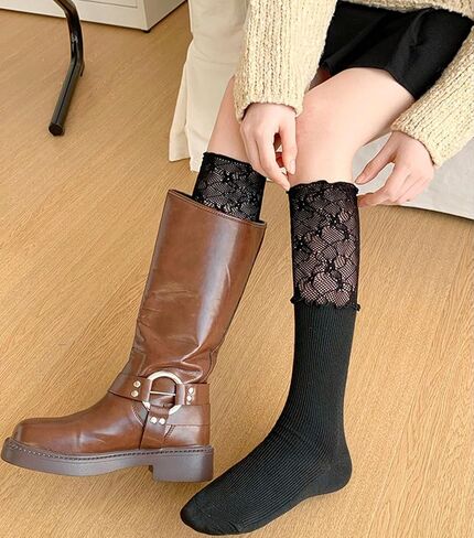 Women's Cute Lace Patchwork Knee High Socks, Y2k Boots Socks Stockings Lolita Style Over-The-Knee Sock in Saudi Arabia