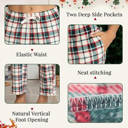 سراويل بيجامة نسائية من الصوف فائق النعومة منقوشة مع جيوب ملابس نوم دافئة ومريحة in Kuwait