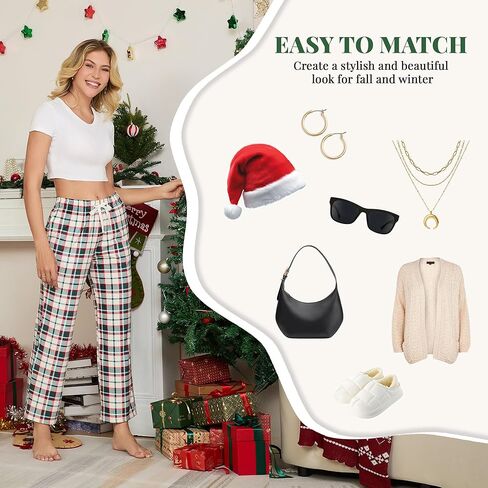 سراويل بيجامة نسائية من الصوف فائق النعومة منقوشة مع جيوب ملابس نوم دافئة ومريحة in Kuwait