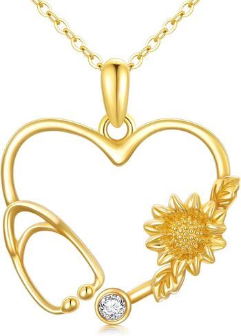 Solid 14K Gold Nurse Necklace for Women Yellow Gold Love Heart Stethoscope Necklace with Sunflower Medical Nursing Jewelry for Her in Saudi Arabia