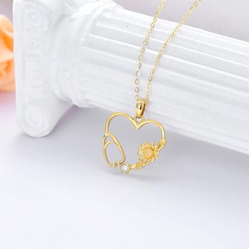 Solid 14K Gold Nurse Necklace for Women Yellow Gold Love Heart Stethoscope Necklace with Sunflower Medical Nursing Jewelry for Her in Saudi Arabia