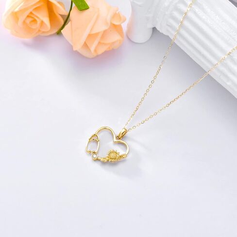 Solid 14K Gold Nurse Necklace for Women Yellow Gold Love Heart Stethoscope Necklace with Sunflower Medical Nursing Jewelry for Her in Saudi Arabia