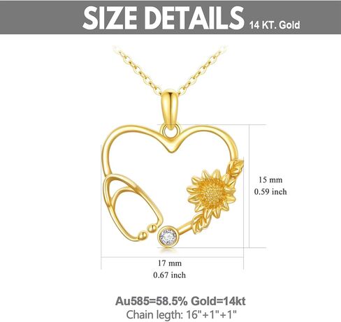 Solid 14K Gold Nurse Necklace for Women Yellow Gold Love Heart Stethoscope Necklace with Sunflower Medical Nursing Jewelry for Her in Saudi Arabia