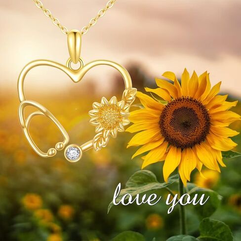 Solid 14K Gold Nurse Necklace for Women Yellow Gold Love Heart Stethoscope Necklace with Sunflower Medical Nursing Jewelry for Her in Saudi Arabia