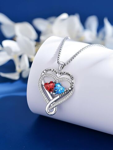 I Love You for Awlays and Forever Double Heart Necklace with Birthstone, 2 Birth Stone Jewelry Anniversary Valentines Mothers Day Christmas Birthday Gifts for Women Her Wife Girlfriend Mom Mother in Kuwait