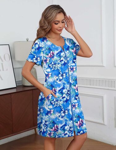 Womens' Zip Up Robe Short Sleeve Bathrobes Summer Sleepwear Soft Housecoat with Pockets S-3XL in Saudi Arabia