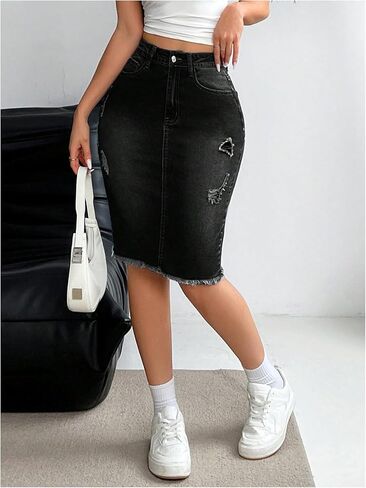WDIRARA Women's Denim Pencil Skirt High Waisted Ripped Raw Hem Knee Length Stretch Bodycon Skirt in Saudi Arabia