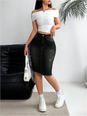 WDIRARA Women's Denim Pencil Skirt High Waisted Ripped Raw Hem Knee Length Stretch Bodycon Skirt in Saudi Arabia
