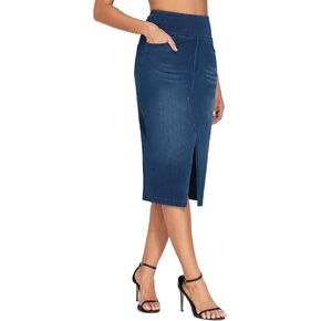 THE GYM PEOPLE Women's High Waisted Stretchy Jean Skirts Front Slit Midi Denim Skirt with Pockets in Kuwait