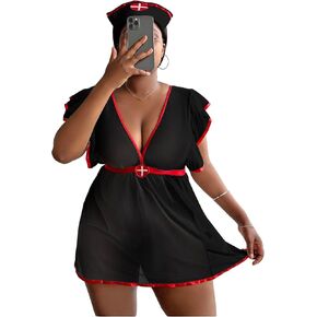 WDIRARA Women's Plus Size 3 Piece Nurse Roleplay Lingerie Set Mesh Sheer Naughty Cosplay Costume in Kuwait