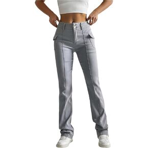 Floerns Women's Solid High Waisted Stretch Pants Straight Leg Pants with Flap Pockets in Kuwait