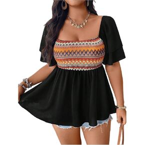 بلوزة نسائية مقاس كبير برسومات هندسية مكشكشة بيبلوم، نصف كم، رقبة مربعة، قطع علوية للخروج in Kuwait