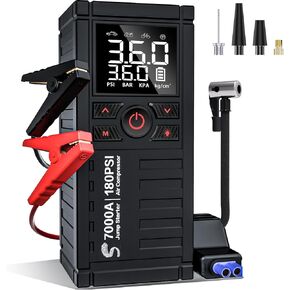 جهاز Jump Starter مع ضاغط هواء، صندوق القفز لبطارية السيارة بقوة 7000 أمبير 180 رطل لكل بوصة مربعة (جميع الغاز/12.0 لتر ديزل)، كابلات توصيل محمولة لبطارية السيارة، شاشة LCD كبيرة، ضوء LED أحمر in Kuwait