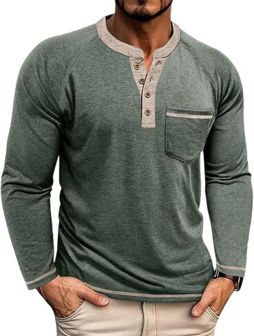 Mens Henley Shirts Long Sleeve Casual Button Basic T-Shirts Classic Vintage Tee Shirts with Pocket in Saudi Arabia