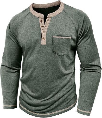 Mens Henley Shirts Long Sleeve Casual Button Basic T-Shirts Classic Vintage Tee Shirts with Pocket in Saudi Arabia