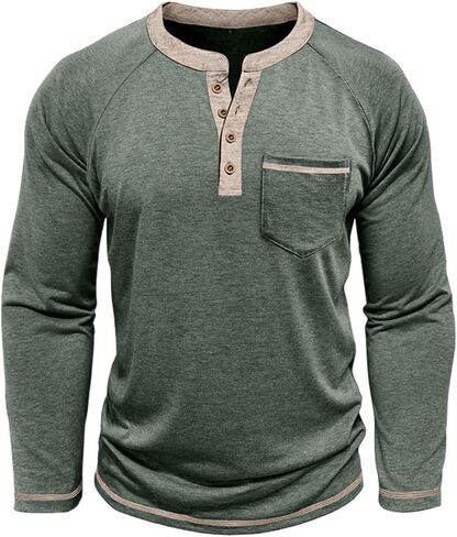 Mens Henley Shirts Long Sleeve Casual Button Basic T-Shirts Classic Vintage Tee Shirts with Pocket in Saudi Arabia