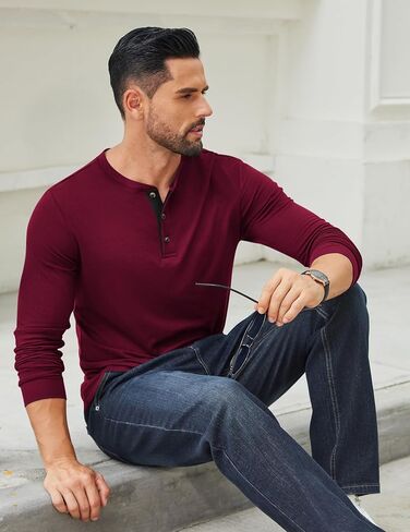 COOFANDY Men's Long Sleeve Henley Shirts Cotton T-Shirts Casual Pullover Shirt Soft Stretch Basic Tees Fall Tops in Kuwait