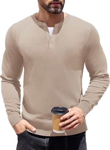 COOFANDY Mens Knit Henley T-Shirts Dress Long Sleeve Sweater Casual Collarless Quarter Button Pullover in Kuwait