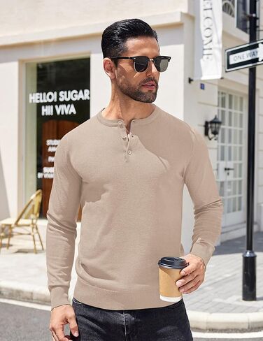 COOFANDY Mens Knit Henley T-Shirts Dress Long Sleeve Sweater Casual Collarless Quarter Button Pullover in Kuwait