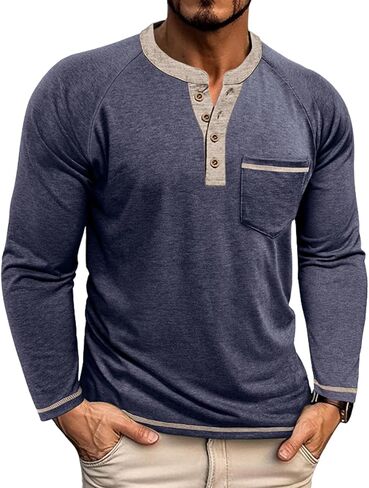 Mens Henley Shirts Long Sleeve Casual Button Basic T-Shirts Classic Vintage Tee Shirts with Pocket in Saudi Arabia