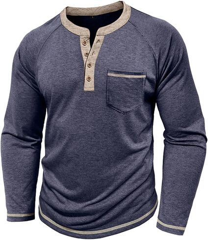 Mens Henley Shirts Long Sleeve Casual Button Basic T-Shirts Classic Vintage Tee Shirts with Pocket in Saudi Arabia
