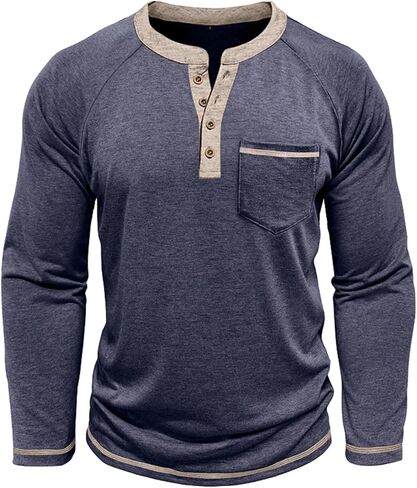 Mens Henley Shirts Long Sleeve Casual Button Basic T-Shirts Classic Vintage Tee Shirts with Pocket in Saudi Arabia
